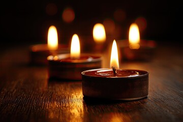 Four lit tealight candles illuminate a dark wooden surface with bokeh lights behind