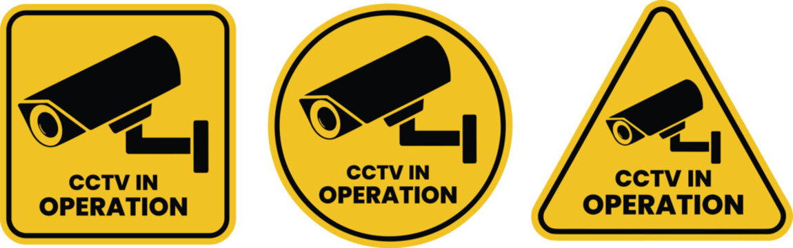 Vector set of three distinct yellow and black CCTV in operation warning signs (square, circle, triangle), featuring security camera icons for surveillance and public safety caution.
