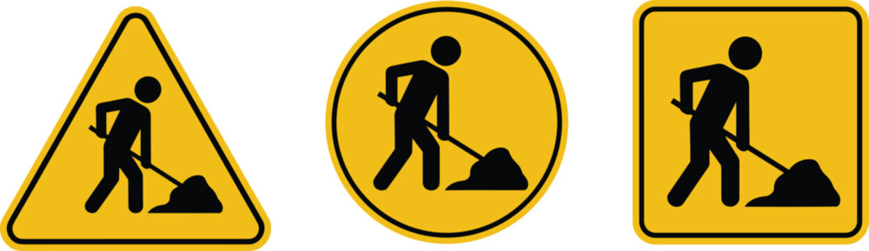 Three isolated yellow road work warning signs: triangular, circular, and square icons showing a construction worker shoveling dirt, symbolizing caution and ongoing maintenance.
