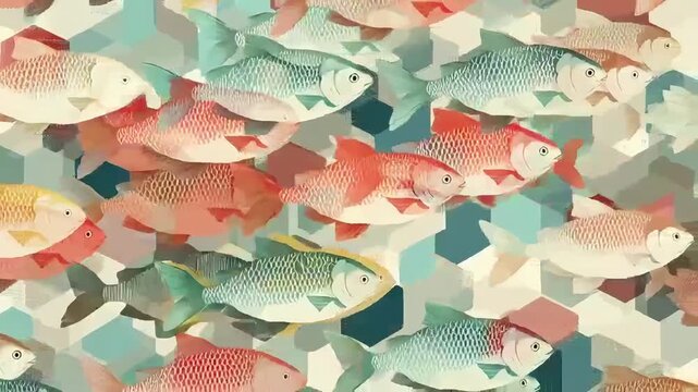 Vintage fish pattern animation, stylized school of fish swimming on geometric background, retro aquatic wallpaper loop