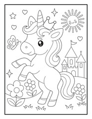 Naklejka premium Cute Unicorn Princess Coloring Page for Kids. Happy Magical Creature with Crown and Castle Scene. Vector Line Art, Isolated Black and White Outline of a Magical Horse for Kindergarten Activity Books.