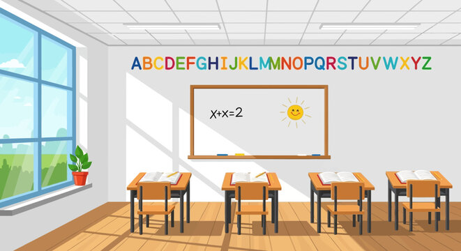 Classroom Scene with Desks and Whiteboard.