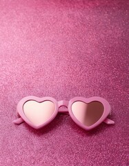 Fototapeta premium Valentine's day concept. Pink heart shaped glasses on pink glitters on pink background with copy space