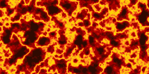 Fototapeta premium Yellow red and black sun photosphere seamless bg. Abstract lava top view. Extremely hot spots of magma surface. Liquid fire pattern. Vector illustration