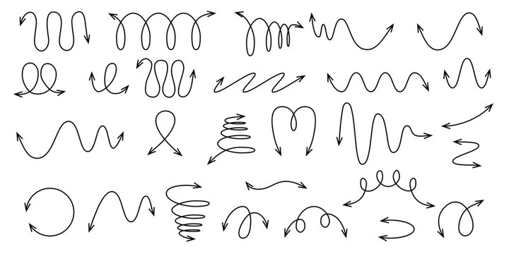 Set of double  arrows in doodle style. Kawaii vector squiggly loops with pointer. Wavy lines. Isolated vector signs.