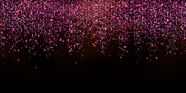 Pink star shower or rain abstract vector bg. Sparkling lamettas with strass pattern and glowing effect. Luxury metallic sequin curtain. Falling shining particles on black 