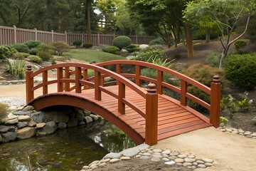 Serene garden bridge over calm pond