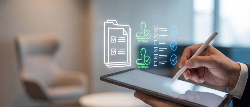 digital approval document management electronic signature business compliance workflow automation quality control paperless office. Hand using tablet for smart process verification.