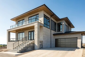 Modern two-story house with large windows and garage
