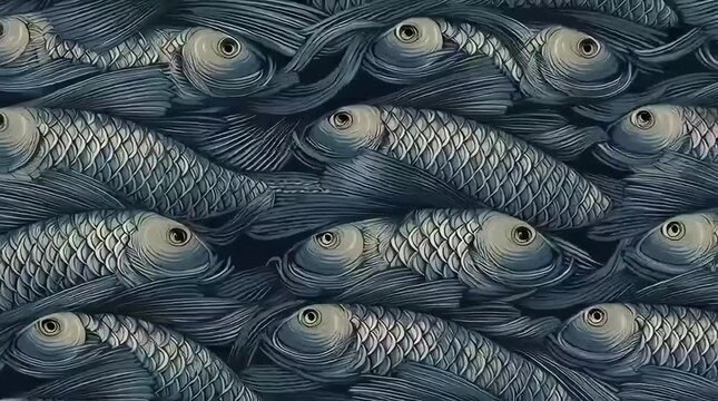 Vintage fish tessellation pattern, antique blue nautical illustration, interlocking sea life background, artistic marine animal wallpaper