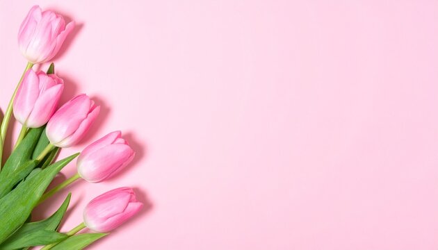 Pink tulips on pastel pink background, spring flowers banner with copy space, valentines day, mothers day