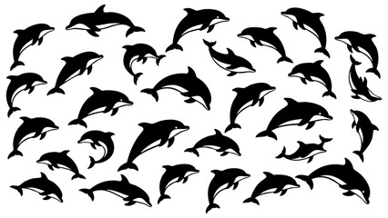 Fototapeta premium Collection Of Jumping Dolphin Silhouettes Black Vector Icons Isolated On White Background