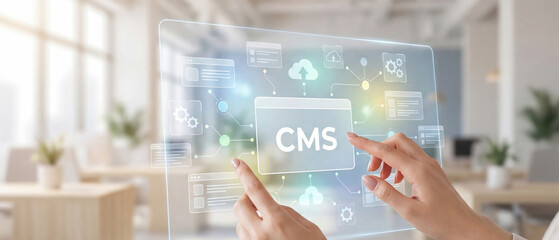 CMS content management system digital interface software development website management business technology information technology professional interacting with a virtual screen.