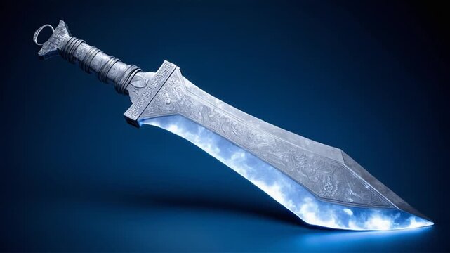 A detailed render of an ornate fantasy blade with a glowing, blue energy edge