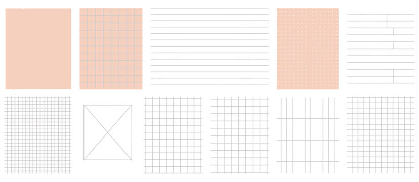 Sheets for notes, paper sheet templates with hand drawn lines grids dots, notebook checklist planner journal marks, modern vector set