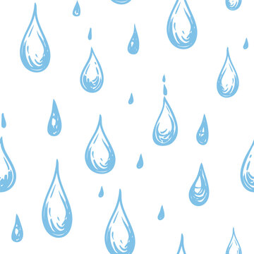 Water drops, hand drawn seamless vector pattern, monochrome