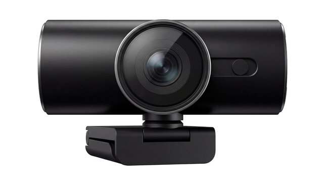 Close-up view of a sleek, black webcam featuring a central lens and a clean design