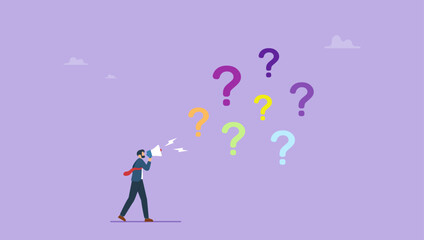 Businessman ask questions on megaphone with lot of question mark. Ask questions to get answer for solving problem, ask for solution or curiosity, request explanation to solve issue or trouble. © Saklarboy