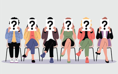 Fototapeta premium Group of people sitting on chairs with question marks over their faces in a modern setting from a straight-on viewpoint