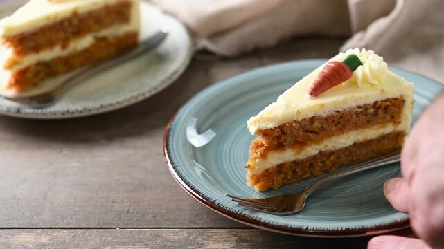 Carrot cake slice with cream cheese frosting on wooden table