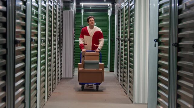 Young man walking through hallway of self storage facility, pushing cart filled with cardboard boxes and looking for his unit