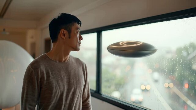 Asian man looking through window at levitating ufo outside in modern interior. Mysterious unidentified flying object causing smart lights to react and flicker indoors.