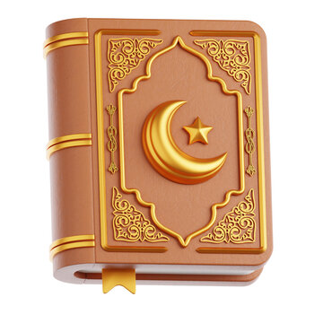 3D Islamic Holy Book Quran with Crescent Moon and Star Emblem - Symbol of Faith and Culture