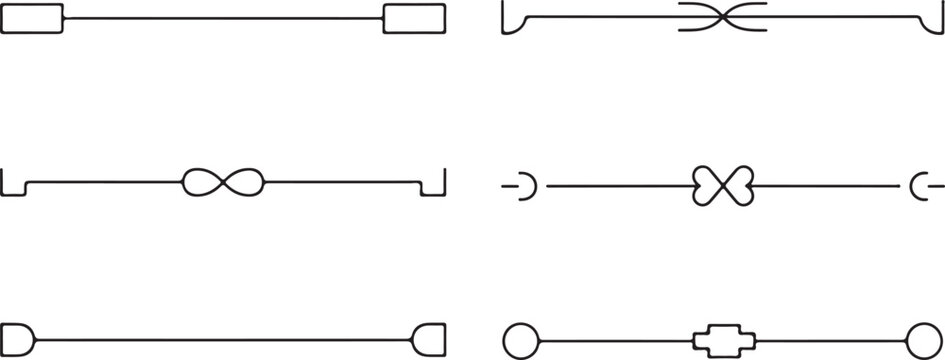  Four minimal decorative line dividers with simple geometric curves, editable stroke vector, clean black outlines, web and print separators, isolated on white background.eps