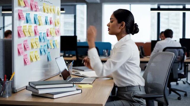 Overwhelmed indian manager writing on a sticky note and putting it on a whiteboard, trying to manage time and tasks for a project deadline in a busy office, feeling stressed and tired