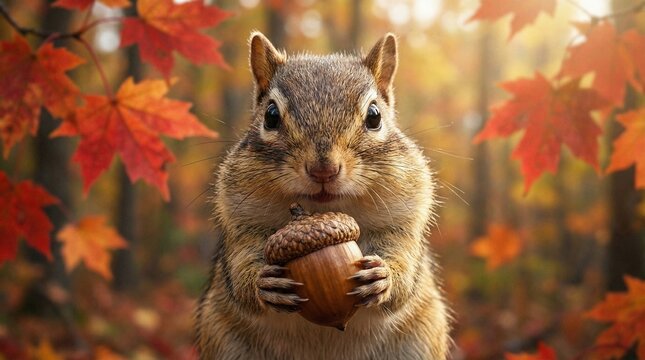 Chipmunk Holding Acorn in Autumn Forest(秋の森でドングリを持つシマリス)