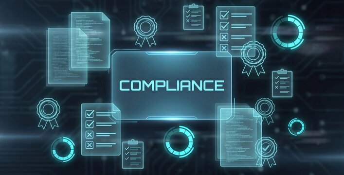 Compliance regulation business security technology digital management concept for corporate policy audit, risk assessment, and legal data governance on virtual HUD interface.