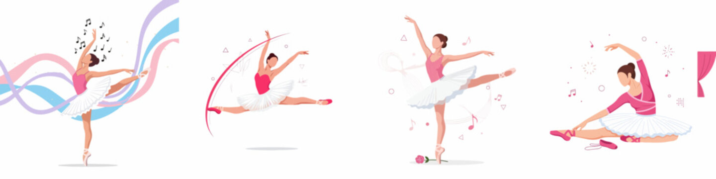 Vector set of graceful ballet dancers in various poses including grand jet&eacute;, standing on pointe, and stretching, surrounded by musical notes and abstract shapes.