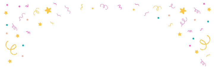 Obraz premium Cute crayon style colorful party frame with stars and confetti, isolated. Festive hand drawn doodle border with empty space for text or message. Fun birthday illustration for kids.