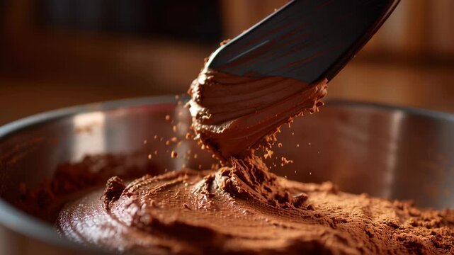 Fresh ground cocoa paste stirred in metal bowl with spatula showing rich brown texture and creamy chocolate batter mixing