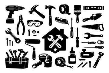 Fototapeta premium Silhouette collection of hand tools for home repair and maintenance.
