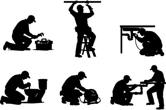 Silhouettes of male workers in various plumbing activities.