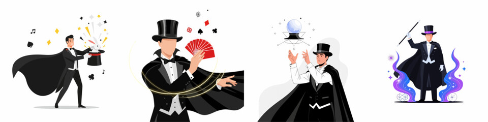 Vector set of stage magicians performing classic illusions: pulling a rabbit from a hat, card tricks, and crystal ball divination. © Reno