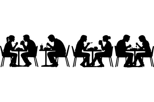 Silhouette of couples dining at tables: social interaction and dining experience.