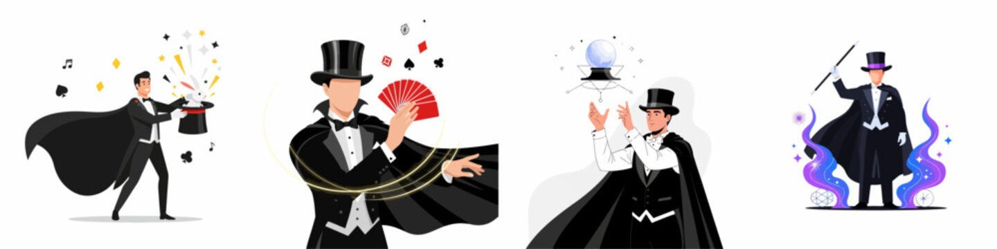 Vector set of stage magicians performing classic illusions: pulling a rabbit from a hat, card tricks, and crystal ball divination.