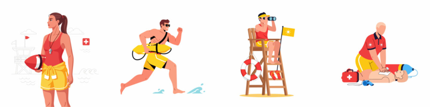 A collection of professional lifeguard illustrations showing beach surveillance, emergency response, running rescue, and performing CPR or first aid.