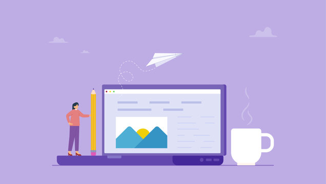 Creative woman holding pencil with content on website. Content writer, blogger or bullet journal, publishing editor or writing article online, copywriter for advertising, freelance journalist.