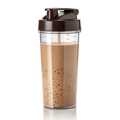 Brown protein shaker bottle with black dots isolated on white