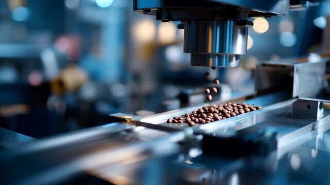 Chocolate bean and coffee bean production line with machine dropping beans on conveyor belt in factory food processing environment