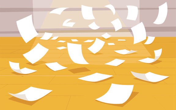 Scattered papers blowing in the air on a wooden floor, illustrating a messy office environment from a low viewpoint