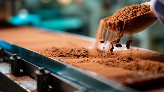 Chocolate powder conveyor belt manufacturing process factory production line with close up macro food industrial pouring