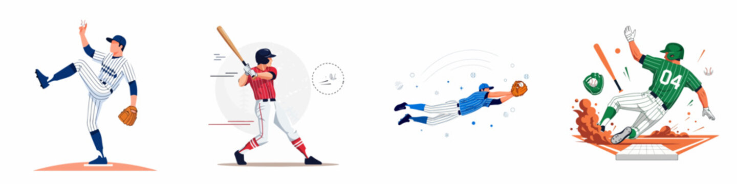A vector collection of baseball players performing key actions: pitching, batting, diving catch, and base sliding in dynamic illustrations.