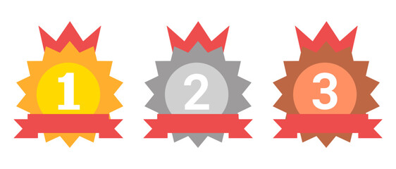 1st 2nd 3rd Place Medals with Red Ribbons. Vector Illustration for Sports Awards, Quizzes, and Education Apps