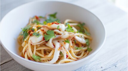 Spicy Chili Garlic Squid Pasta in White Bowl on White Background Isolated. Generative AI