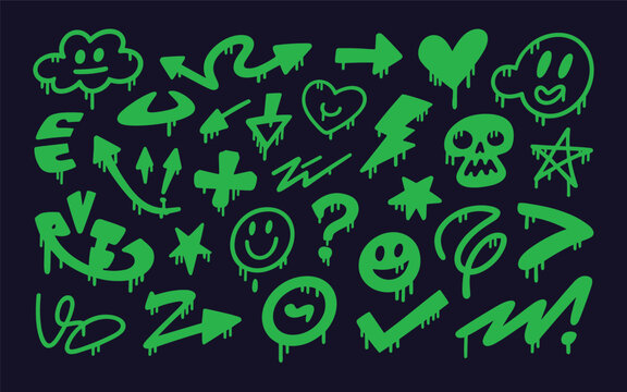 Collection of neon green doodles including symbols and emoticons on a dark background viewed from directly above