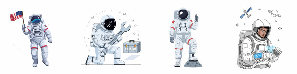 Fototapeta premium Astronaut characters vector set depicting space missions, repair work, thumbs up for success, and technology use, isolated on a white background.